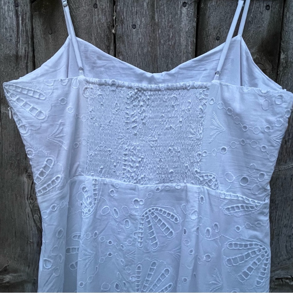 LOFT NWT White Shell Eyelet Cotton Smocking Spaghetti Strap Midi Dress Size 14 - Picture 6 of 10